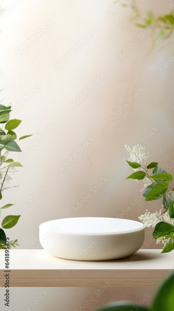 Minimalistic White Podium with Natural  Leaves for Products Showcase