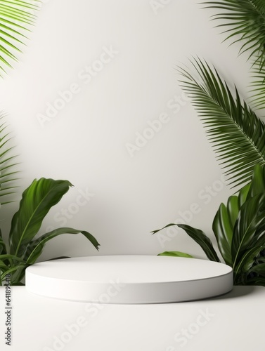 Minimalistic White Podium with Natural Leaves for Products Showcase © Jardel Bassi