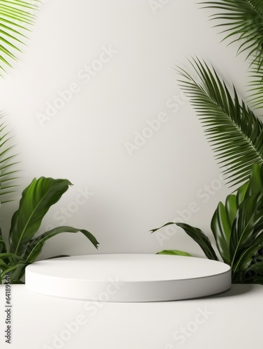 Minimalistic White Podium with Natural Leaves for Products Showcase