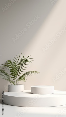 Minimalistic White Podium with Natural Leaves for Products Showcase