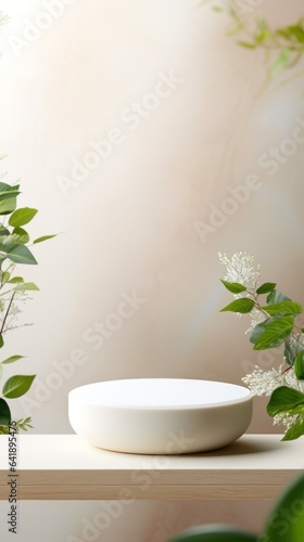 Minimalistic White Podium with Natural Leaves for Products Showcase