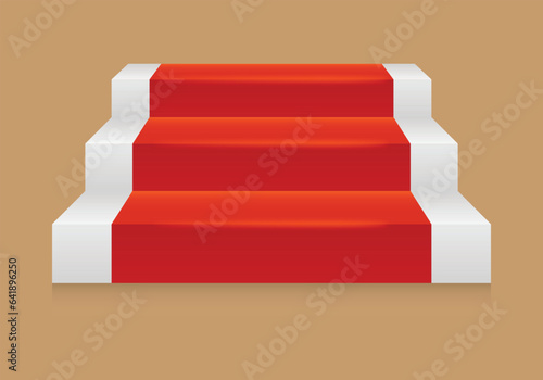 Three steps stairs with red carpet icon isolated on light brown background. Vector illustration