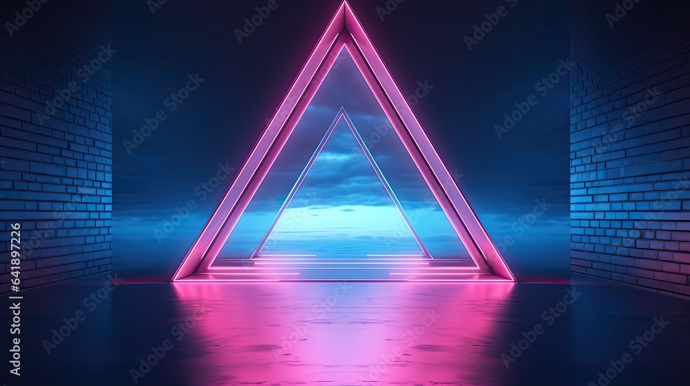 3d render, abstract geometric neon background, pink blue vivid light, ultraviolet triangular hole in the wall. Window, open door, gate, portal. Room entrance, arch. Modern minimal concept - obrazy, fototapety, plakaty 