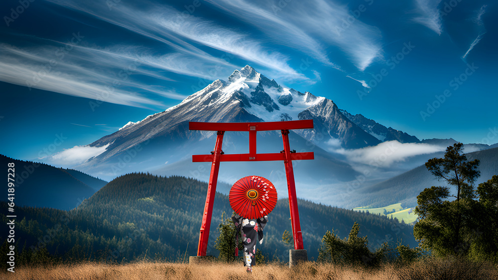 nice view of famous Floating Torii gate in Japan - obrazy, fototapety, plakaty 