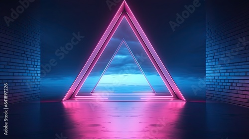 3d render, abstract geometric neon background, pink blue vivid light, ultraviolet triangular hole in the wall. Window, open door, gate, portal. Room entrance, arch. Modern minimal concept