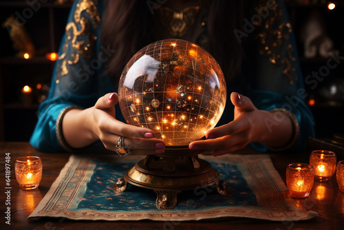 Mystic Fortune Teller Gazing into Illuminated Crystal Ball with Tarot Cards