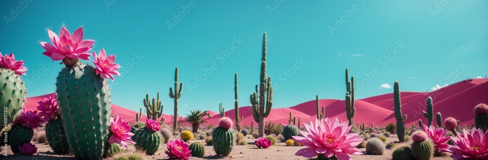 cactus plants with pink blooms in the desert, pink and green desert ...