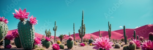 cactus plants with pink blooms in the desert, pink and green desert flora 
