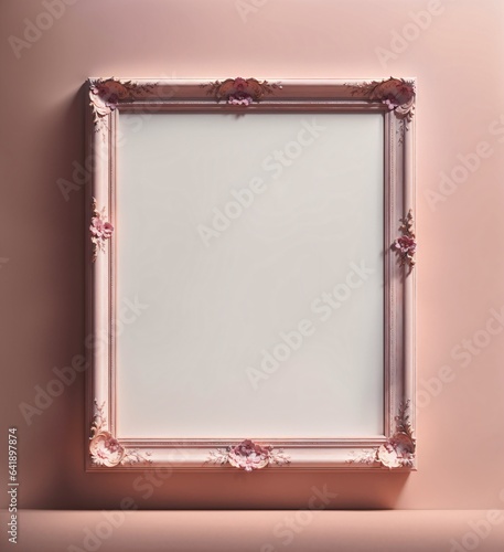a simple and elegant wall with a pink color and a blank poster frame mockup canvas
