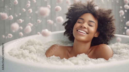 Happy black woman taking bubble bath  generative ai.