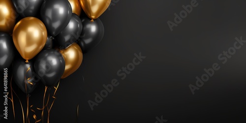 Black and golden balloons in the corner on a high detailed gray background, Generative AI
