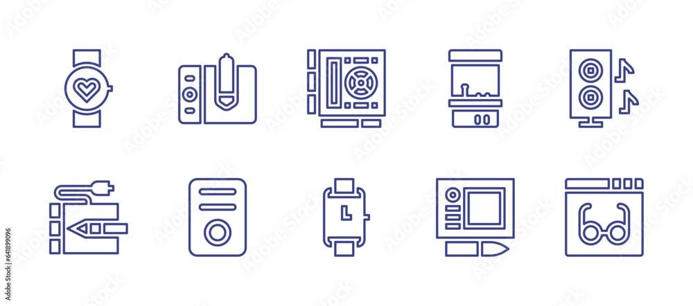 Device line icon set. Editable stroke. Vector illustration. Containing fitness, pen tablet, smartwatch, graphic tablet, music player, arcade game, speaker, wacom, reading, graphics card.