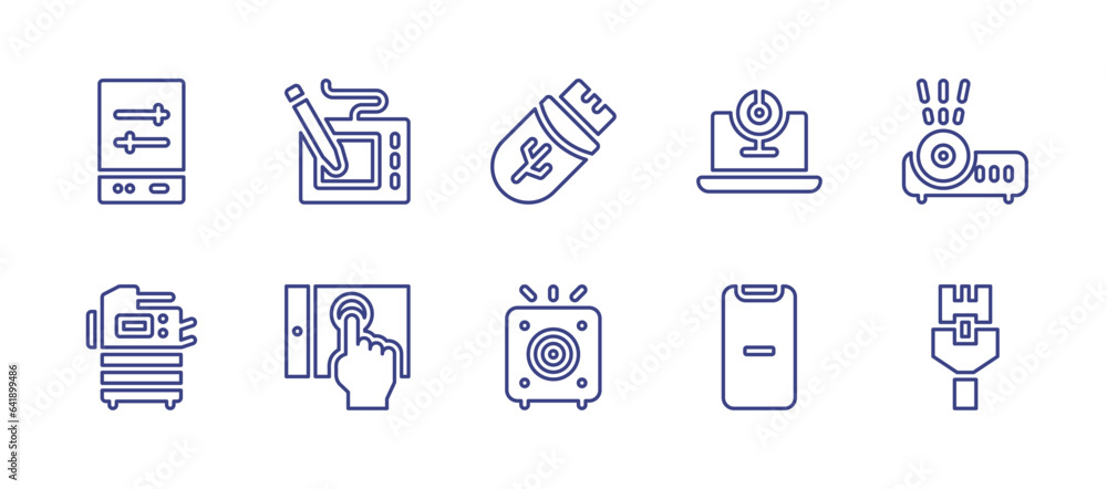Device line icon set. Editable stroke. Vector illustration. Containing photocopier, touchpad, usb drive, speaker, webcam, minus, video projector, settings, tablet, ethernet.