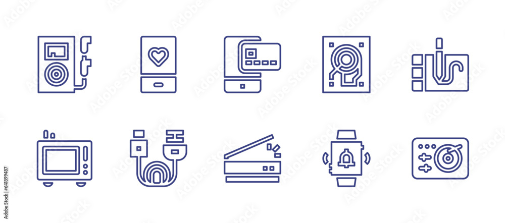 Device line icon set. Editable stroke. Vector illustration. Containing music player, tv, alarm, turntable, online payment, scanner, fitness app, hdmi, hard disc, graphic tablet.
