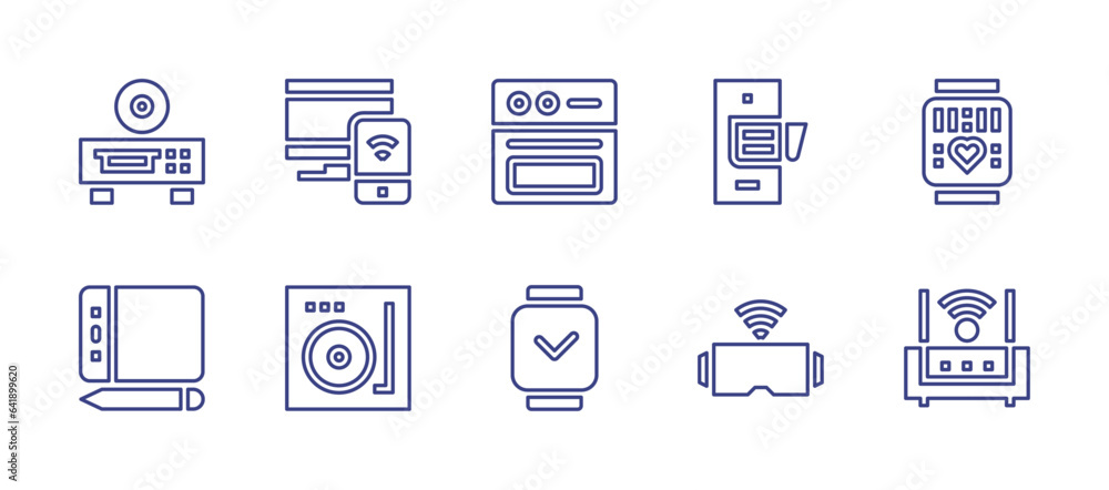 Device line icon set. Editable stroke. Vector illustration. Containing smartwatch, phone, vr glasses, wifi router, oven, dvd player, responsive, graphic tablet, turntable.