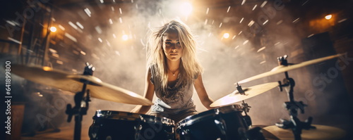 Fotografia Rock drums. enthusiastic playing. Hand edited generative AI.