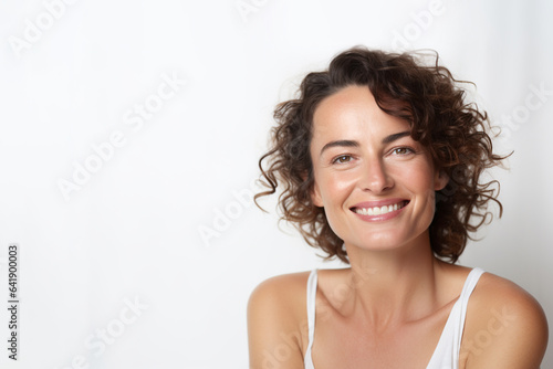 Portrait of a smiling young woman with good health glowing skin and positivity standing and looking at the camera on white background.