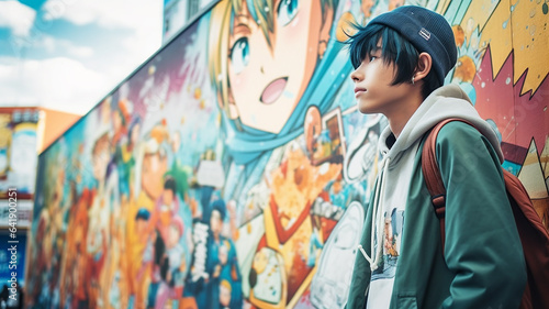 アニメキャラクターの看板の前に立つアニメ好きのオタクの男性（秋葉原・コミケ）
