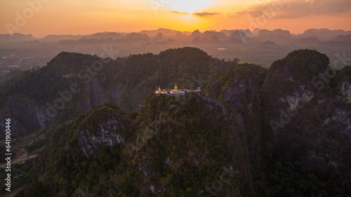 .Aerial view Tiger Cave Temple is a Buddhist temple in Krabi  Thailand. .It is known for the tiger paw prints in the cave  .tall Buddha statues and the strenuous flight of stairs to reach the summit.