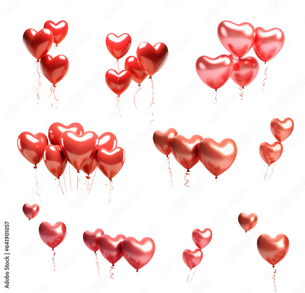 Set of Valentine red hearts shaped helium balloons decorations elements, isolated on white and transparent background, ai generate
