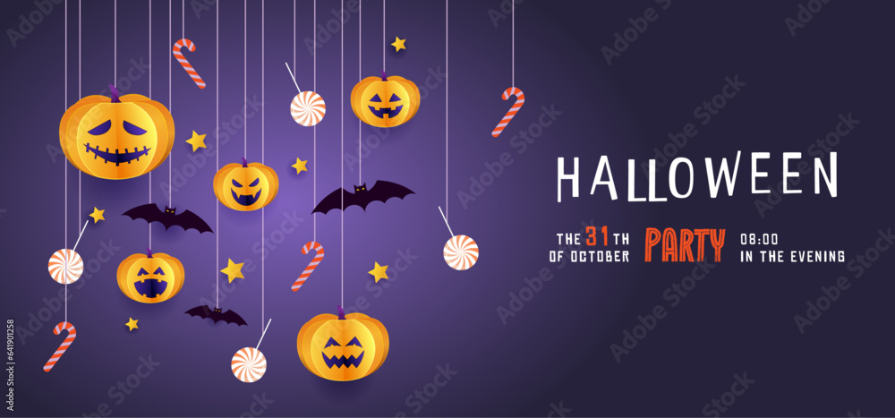 Obraz premium Halloween event and party poster with the cutest pumpkins, bats and candies in the night clouds. Paper cut, digital craft style. Halloween web Sale design, poster, party invitation or greeting card