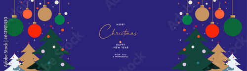 Merry Christmas and Happy New Year banner, greeting card, poster, holiday cover, header. Modern Christmas design. Christmas trees and balls. Red colored background with snowflakes.