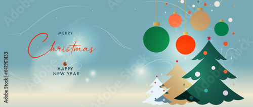 Merry Christmas and Happy New Year banner, greeting card, poster, holiday cover, header. Modern Christmas design.christmas trees and balls in snowy weather. Red colored background with snowflakes.