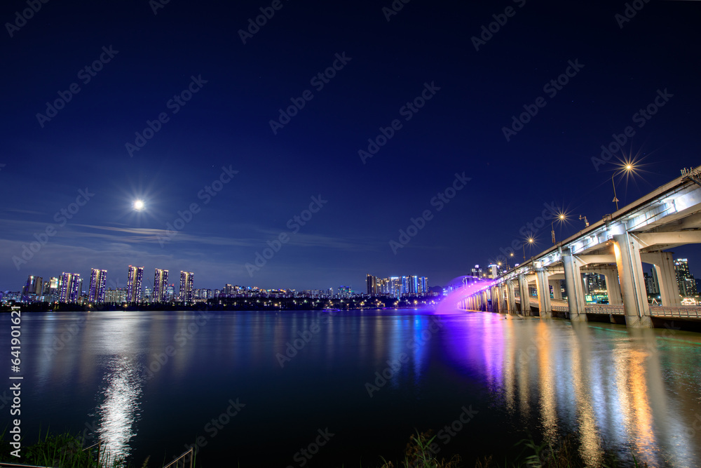 moonlit river, cityscape in night, seoul, hanriver, fountain show, banpo bridge