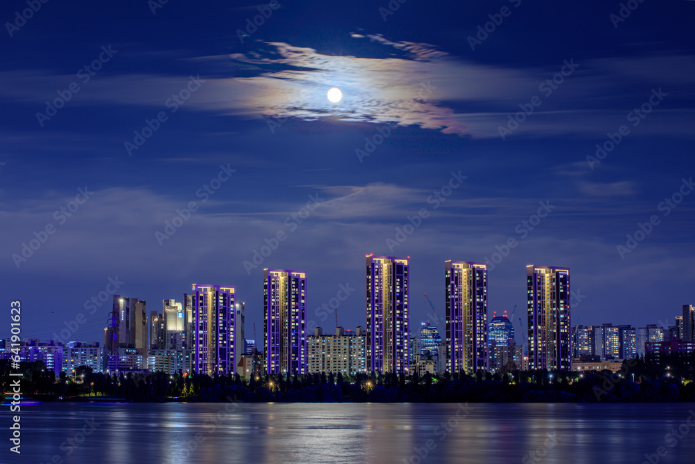Fototapeta premium moonlit river, cityscape in night, seoul, hanriver