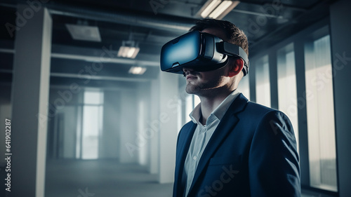 VRゴーグルをつける白人ビジネスマン（メタバース・拡張現実・VR・AR・MR） 