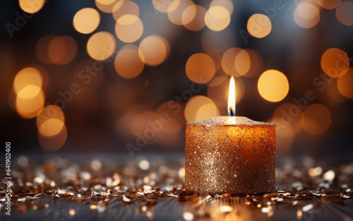 golden candle, and confetti on wooden tabletop with golden bokeh background