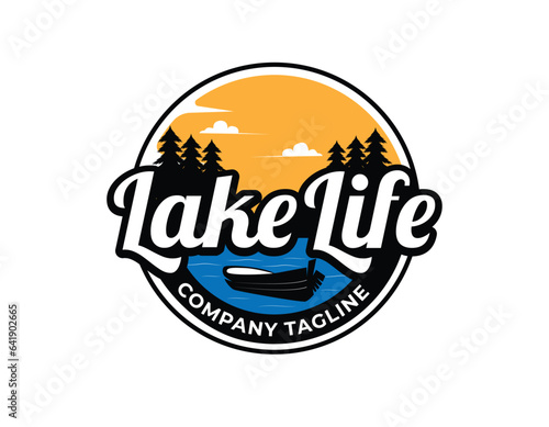 Circle Sunset Lake Boat Emblem Logo Design Template