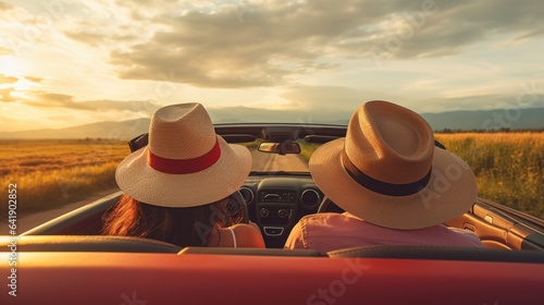 a young beautiful couple driving a convertible cabriolet car on a highway in summer vacation at a sea beach. wearing straw hats. pov from behind. sunny weather. Generative AI