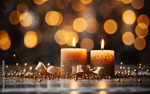 golden candles, and confetti on wooden tabletop with golden bokeh background