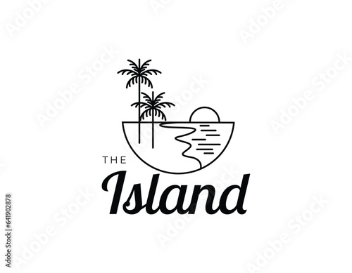 Simple Line Art Island Beach Vacation Logo Design Template