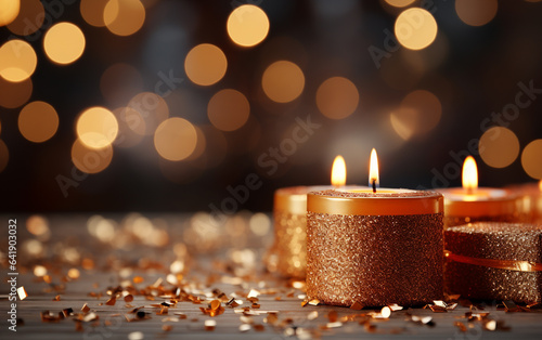golden candles  and confetti on wooden tabletop with golden bokeh background