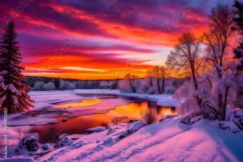 sunrise over the mountains, sunset in the mountains, Colorful winter sunset