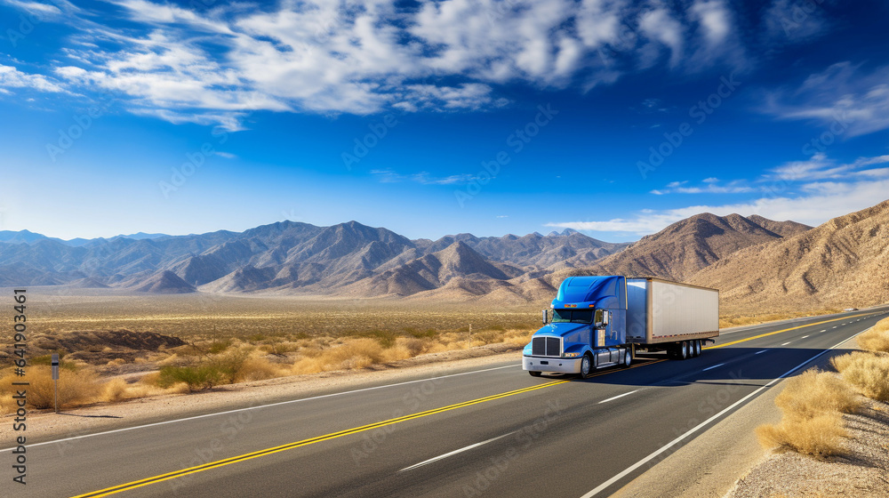 Desert Highway Odyssey: Blue Semi-Truck's Voyage Across Sunbaked Roads Desert Highway Odyssey: Blue Semi-Truck's Voyage Across Sunbaked Roads