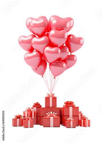 Valentine red heart shaped balloons and Gift boxes presents decorations s, isolated on white and transparent background, ai generate