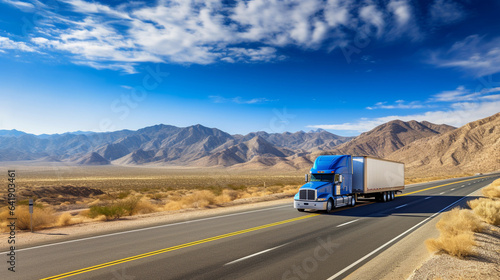 Desert Highway Odyssey: Blue Semi-Truck's Voyage Across Sunbaked Roads