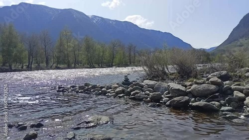 The sloping rocky shore of a stormy mountain river with a coniferous forest on the banks on a sunny spring morning. Chulyshman river, Altai, Siberia, Russia.
