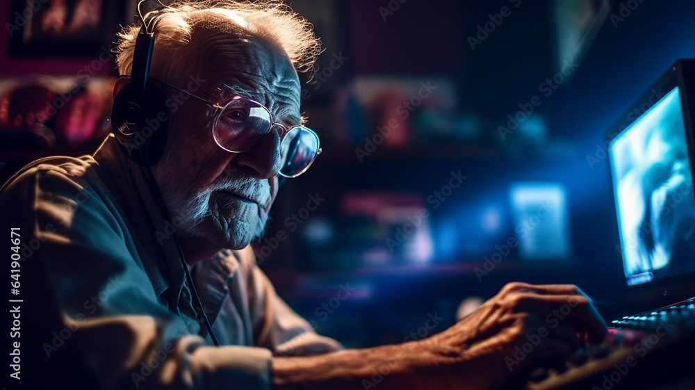DJ・アーティスト・音楽・オンラインゲーム・ストリーミング・オンデマンドを楽しむ白人の高齢者男性
