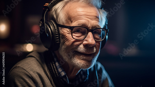 家でヘッドフォン・ヘッドセットをつけてゲーム・音楽鑑賞・インターネットを楽しむ白人の高齢者男性 