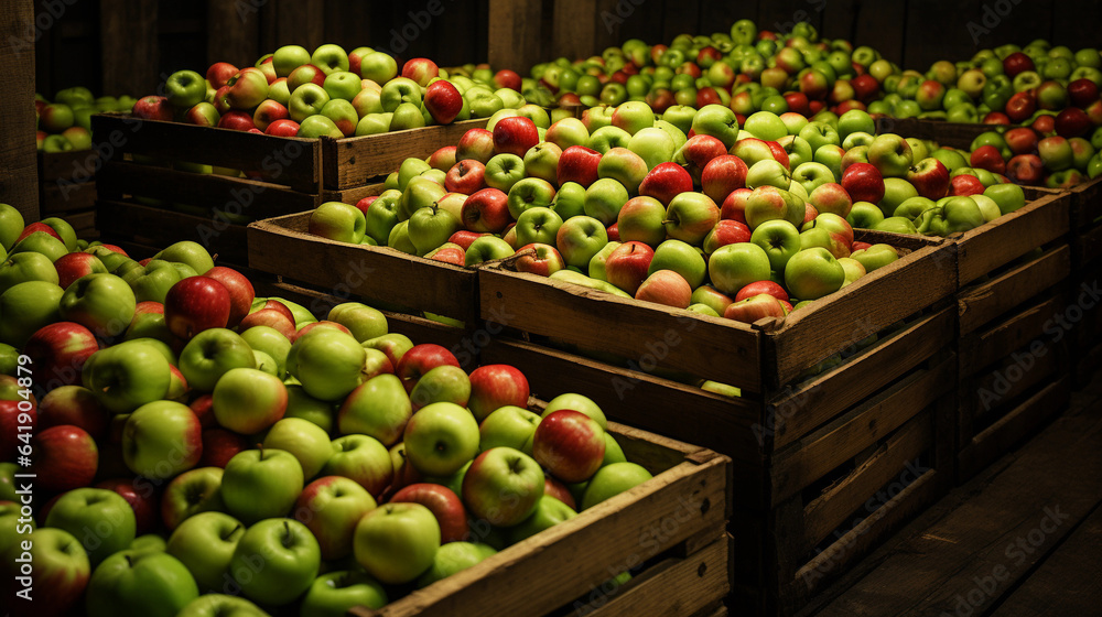 Crates Overflowing with Abundant Green and Red Apples, Showcasing the Richness and Vibrancy of a Bountiful Orchard Harvest Crates Overflowing with Abundant Green and Red Apples, Showcasing the Richness and Vibrancy of a Bountiful Orchard Harvest