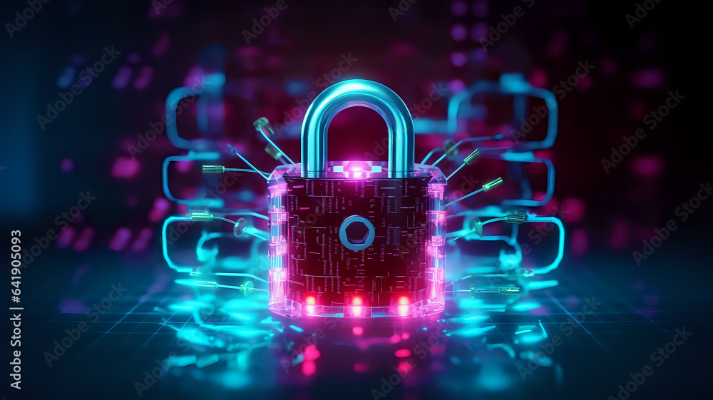 Cyber security and protection of private information and data concept. door lock on the background of data and information in blue tones - obrazy, fototapety, plakaty 