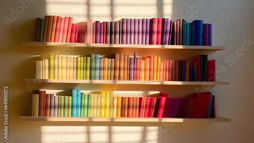 big bookshelf with colorful books  dream library   colorful banner poster of big large bookcase with many book in house interior. Bookshelves in the library or large bookcase with lots of books