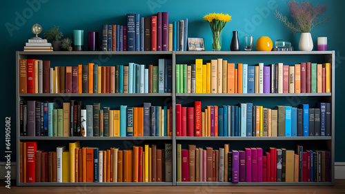 big bookshelf with colorful books, dream library,  colorful banner poster of big large bookcase with many book in house interior. Bookshelves in the library or large bookcase with lots of books