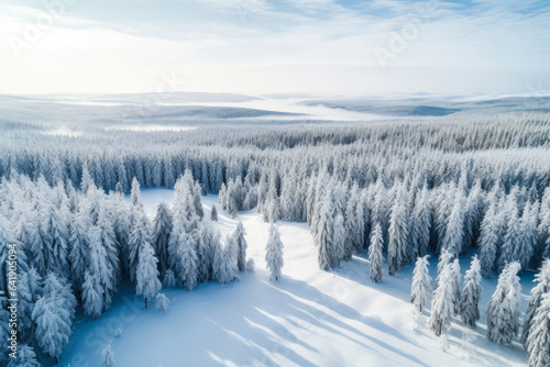 Winter's Majestic Serenity: A Breathtaking Aerial View of Pristine Snowy Forest, Tranquil and Untouched