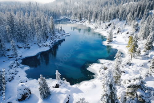 Majestic Winter Serenity: Aerial Glimpse of Crystal Clear Frozen Lake, Snowy Peaks, and Tranquil Pine Trees
