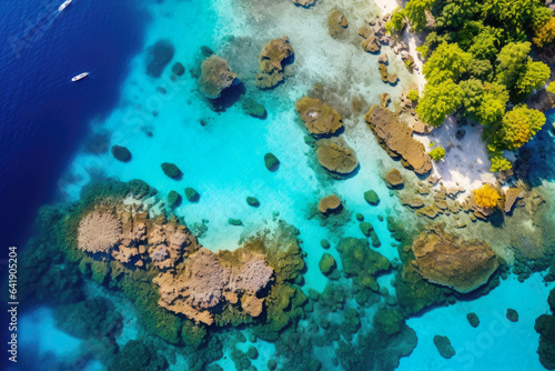 Enchanting Aerial Dive into a Vibrant Coral Garden: Exploring Marine Biodiversity in Crystal Clear Turquoise Waters © aicandy